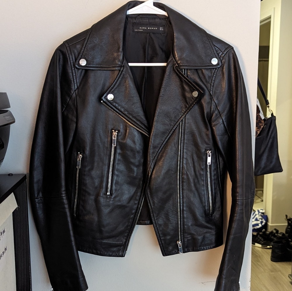 zara real leather moto biker jacket size small